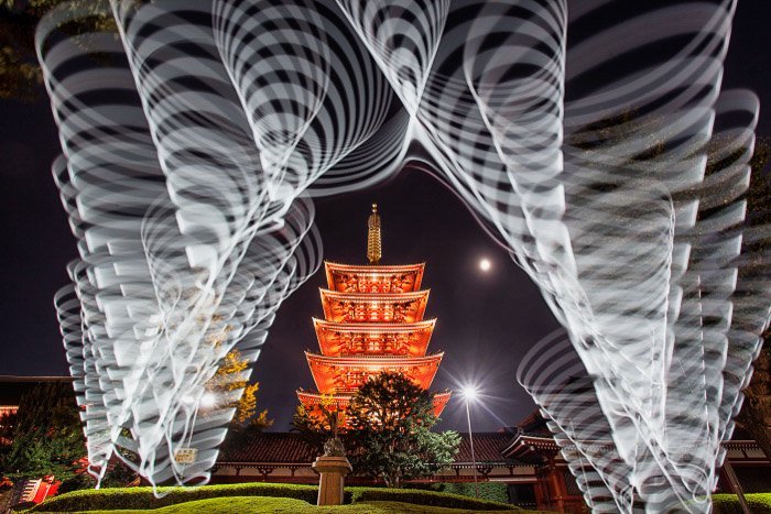 A photo of the five story pagoda at Sensoji templeproduced using light painting.